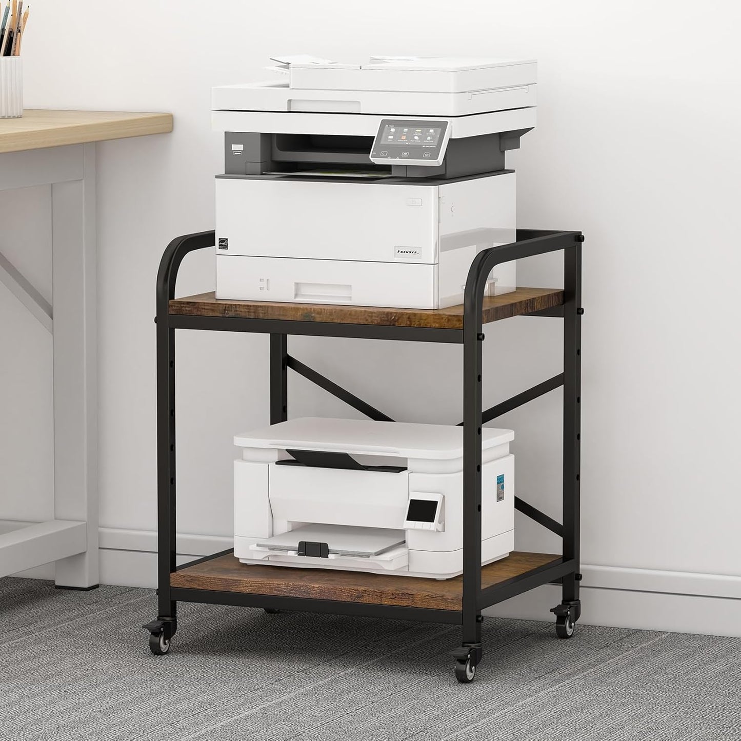 2 Tier Under Desk Printer Stand, Large Printer Table with Height Adjustable Shelf, Rolling Printer Cart with Industrial Wheels for Home Office, Scanner Fax (Rustic Brown)