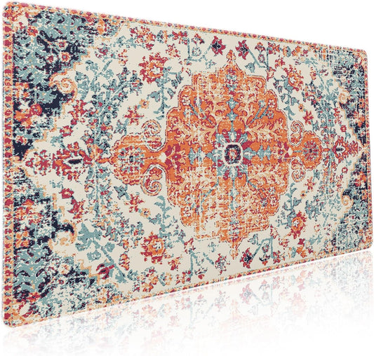 Orange Teal Boho Gaming Mouse Pad XXL Vintage Rug Bohemian Extended Large Desk Mat Big Mousepad Non-Slip Rubber Base Stitched Edge Long Mousepad for Desktop Office PC Gamer, 35.4 x 15.7 Inch