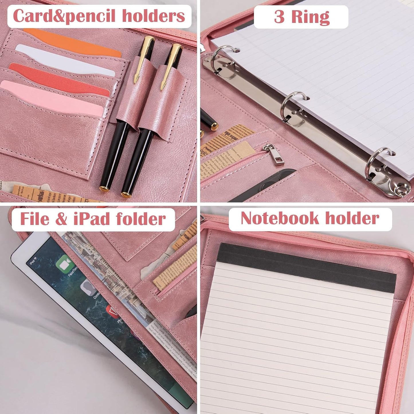 Calfinder Personalized Padfolios Portfolio Binder,3 Ring Leather Binder with Zipper,Professional Padfolios for Women&Men, Business Portfolio Organizer for Resume, Leather Folder for Ipad
