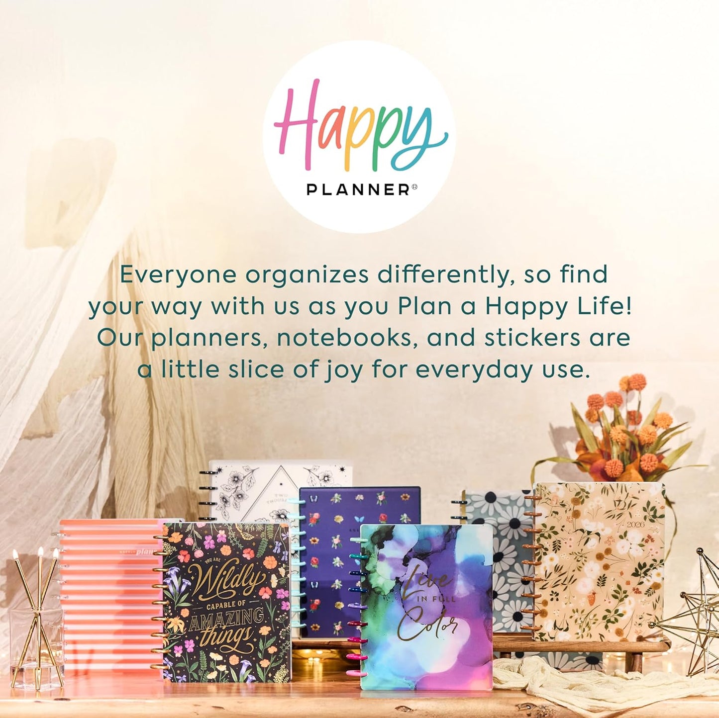 Happy Planner Disc-Bound Planner Jan.–Dec. 2026, Includes 3 Extra Months and 2 Sticker Sheets, Classic Size, 7" x 9.25", Dashboard Layout, Grounded Magic