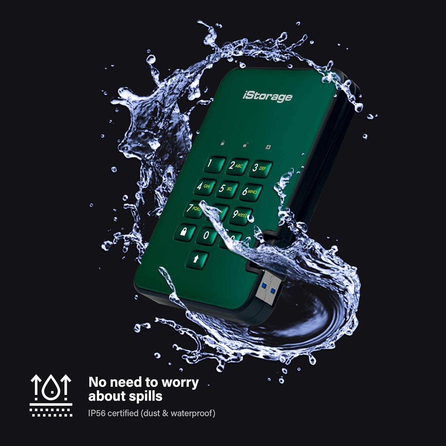 iStorage diskAshur2 HDD 3TB Green | Secure portable hard drive | Password protected | Dust & water resistant | Hardware Encryption