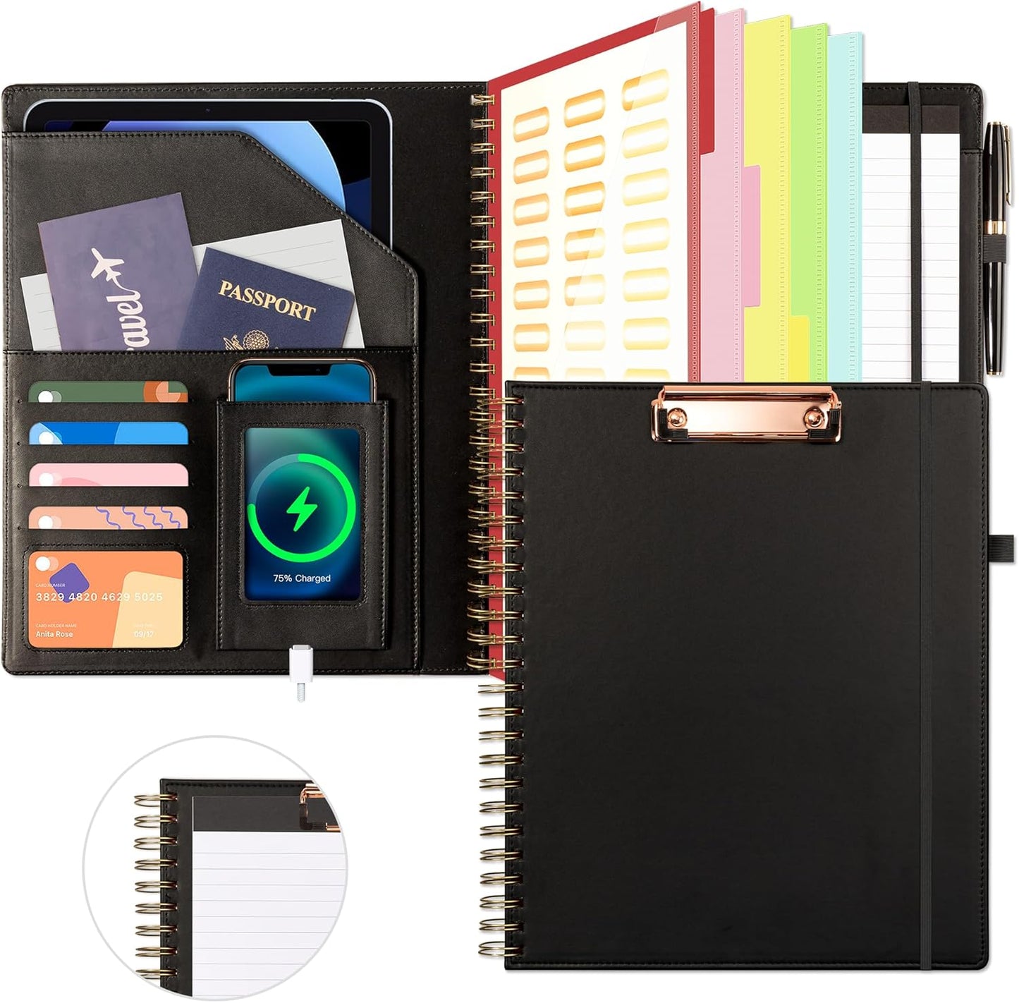 Clipboard with Storage for Men Women, Leather Padfolio Portfolio Organizer 5 Folders with 10 Pockets, Spiral Clipboard Folio with Notepad for Letter Size, Elastic Closure and Pen Loop Black