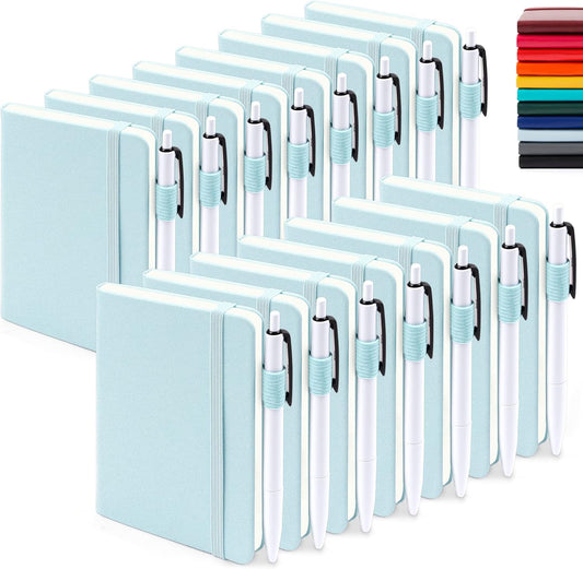feela 15 Pack Pocket Small Notebooks Bulk, Mini Cute Memo Notepads Hardcover College Ruled Lined Journals with Pen Holder for Women Girls Office School, with 15 Black Pens, 3.5”x 5.5”, A6, Sky Blue