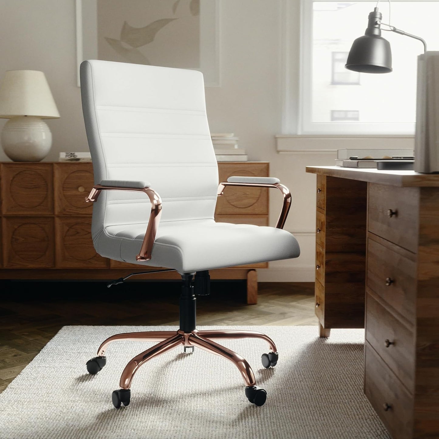 Flash Furniture Whitney High-Back Swivel LeatherSoft Desk Chair with Padded Seat and Armrests, Adjustable Height Padded LeatherSoft Office Chair, White/Rose Gold