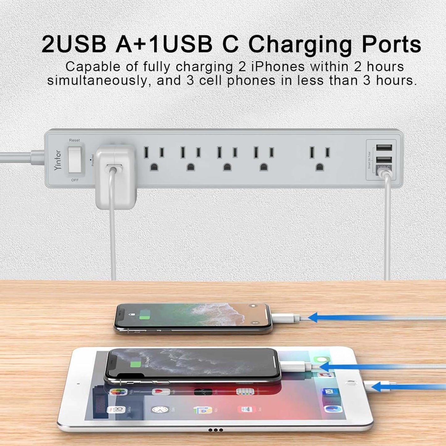 10Ft Power Strip Surge Protector - Yintar Extension Cord with 6 AC Outlets and 3 USB Ports for Home, Office, Dorm Essentials, 1680 Joules, ETL Listed, Grey