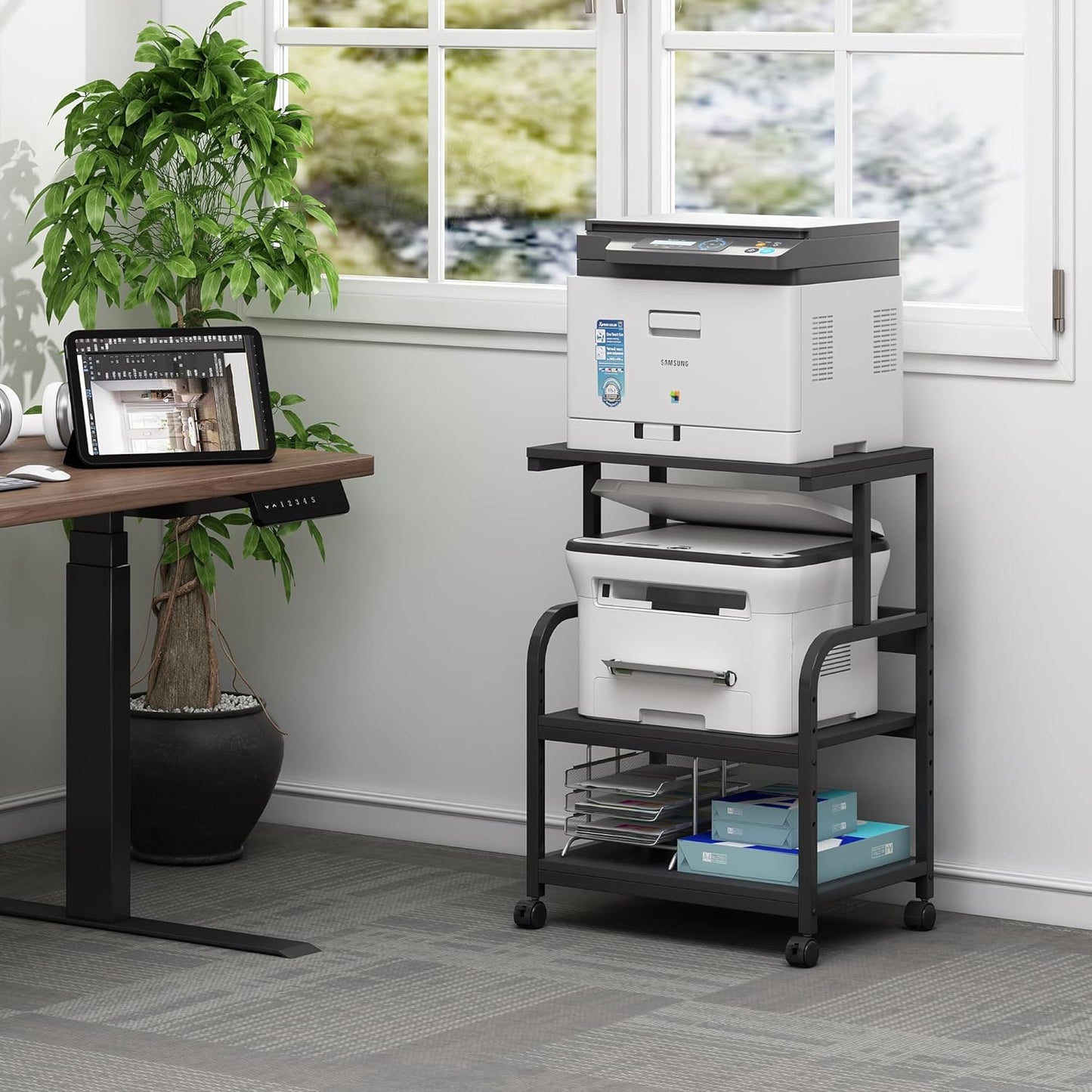 Printer Stand, 3 Tier Printer Table with Height Adjustable Storage Shelf, Rolling Printer Cart with Wheels for Home Office Organization, Black