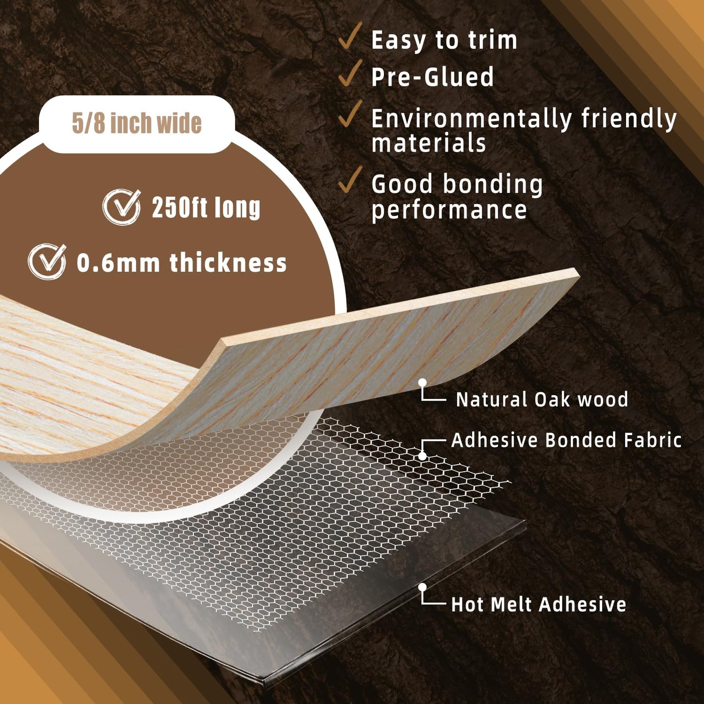 GSCIT Club Oak Edge Banding, 5/8 inch x 250ft roll of Veneer Plywood Edge Banding Preglued Flexible, Wood Tape Banding for Cabinet Repair