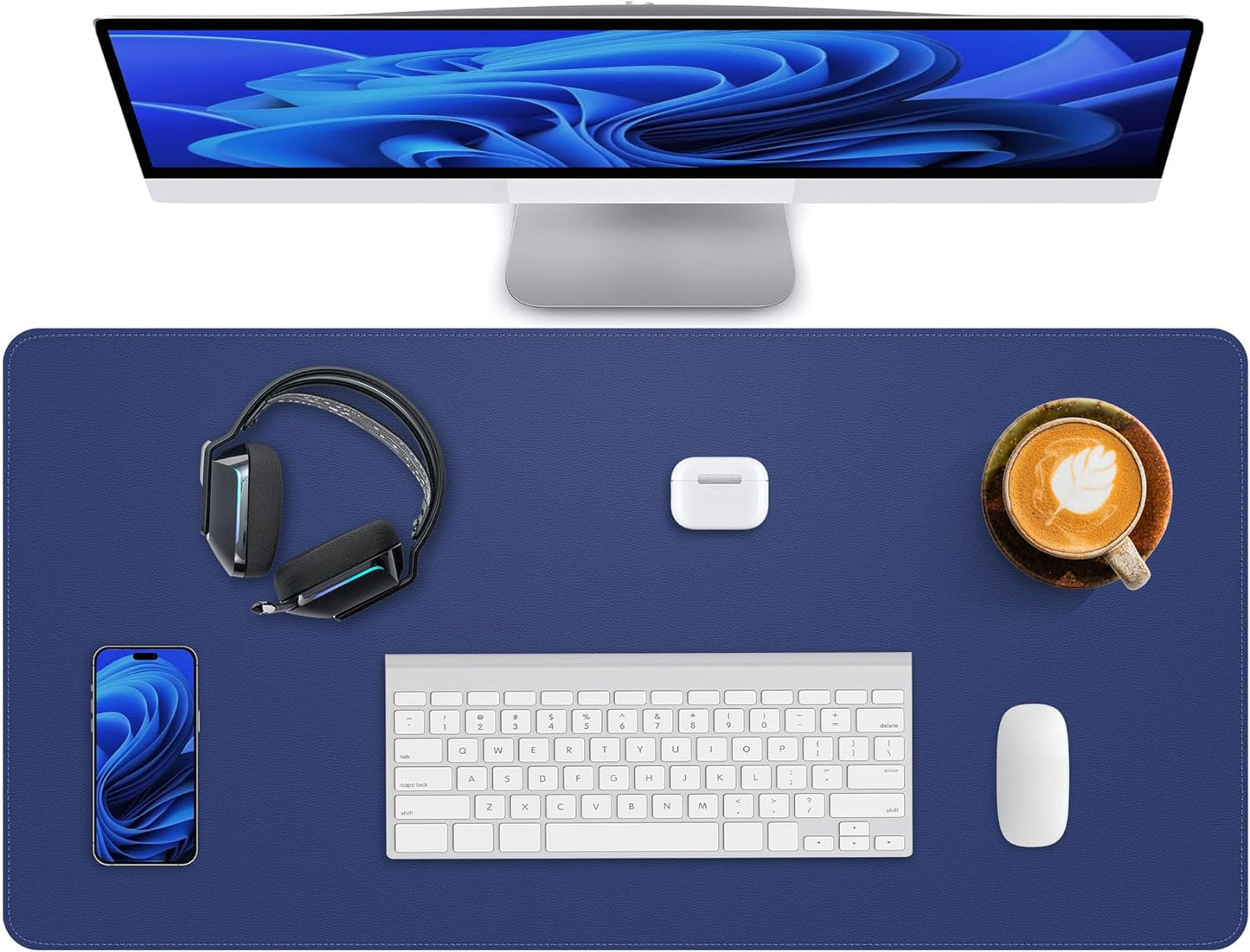 Leather Desk Pad Protector,Office Desk Mat,Large Mouse Pad, Non-Slip PU Leather Desk Blotter,Desk Pad,Waterproof Desk Writing Pad for Office and Home (Blue,31.5" x 15.7")