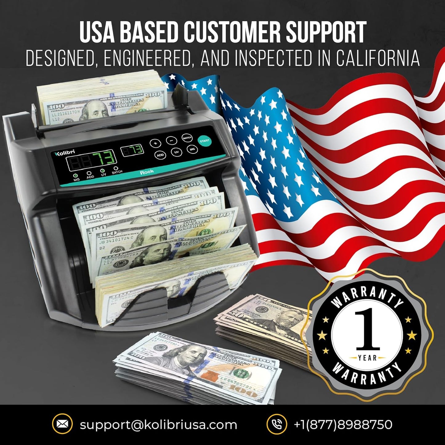 KOLIBRI Rook Money Counter with UV/MG/IR Counterfeit Detection – Count, Add & Batch Modes, 1,400 Notes per Minute Fast Bill Counter - US Dollar Cash Counter with Dual LED Display (1-Year USA Warranty)