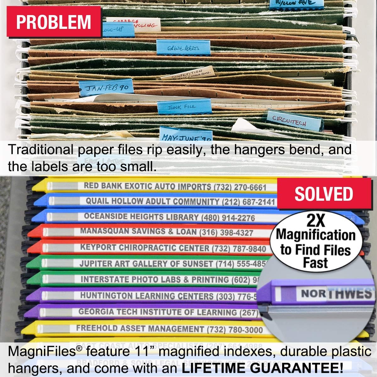 Ultimate Office MagniFile Hanging File Folders V- Bottom Letter Size with 11 inch Magnified Indexes That Double The Size of Your File Titles to Find Files Fast. (Set of 5 Frost)