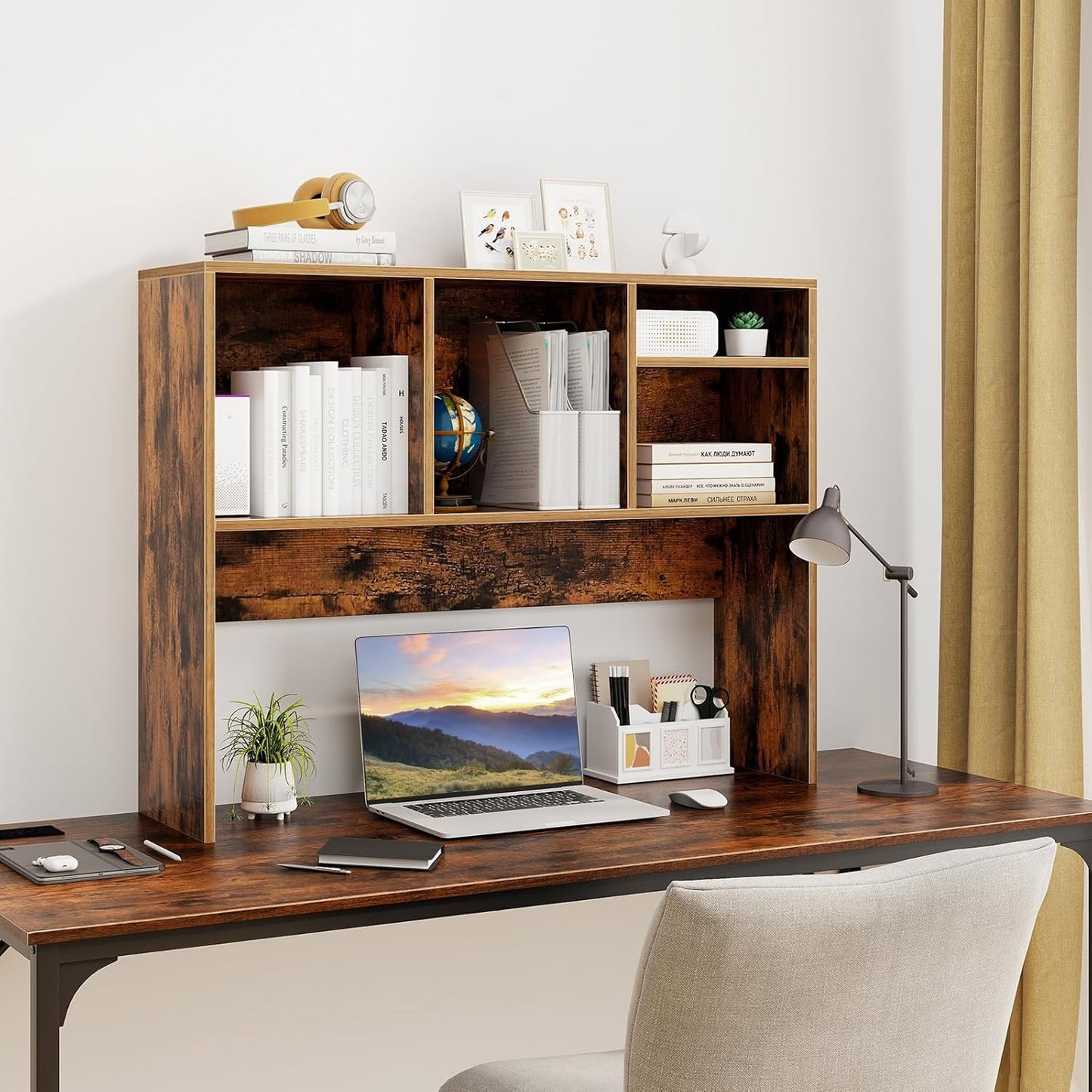 Desk Hutch, Desktop Shelf with 4 Shelves, Desk Bookshelf w/Anti-Toppling Devices, Wood Table Top Bookshelf Organizer, Small Desk Shelf for Study, Office, Dorm (Rustic Brown, 4 Shelves)