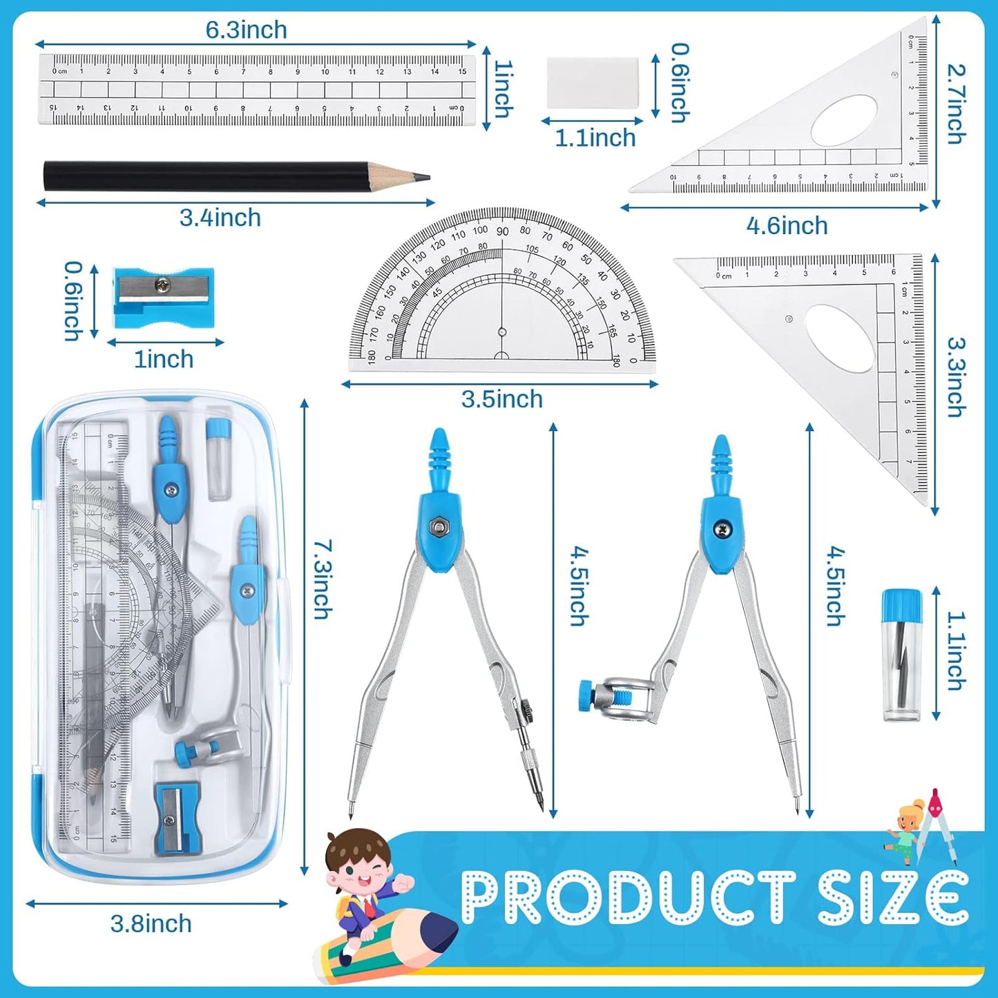 Teling 12 Sets Math Geometry Kit for Students 10 Pcs Compass Geometry Tools Set Includes Rulers Protractor Compass Eraser Pencil Sharpener Lead Refills Pencil (Blue)