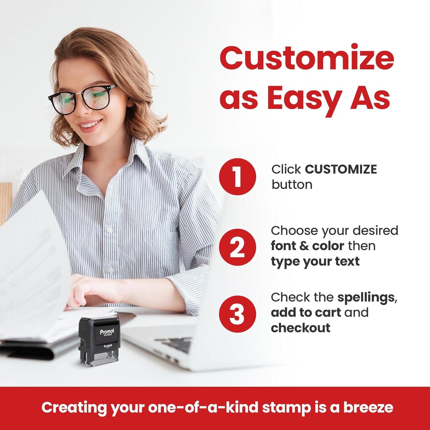 Promot Self Inking Stamp - Medium Custom Stamp for Name, Address, Office, or Business Use - Up to 4-Line Personalized Rubber Stamp - Customizable Font & Ink Color - Personalized Name Stamp