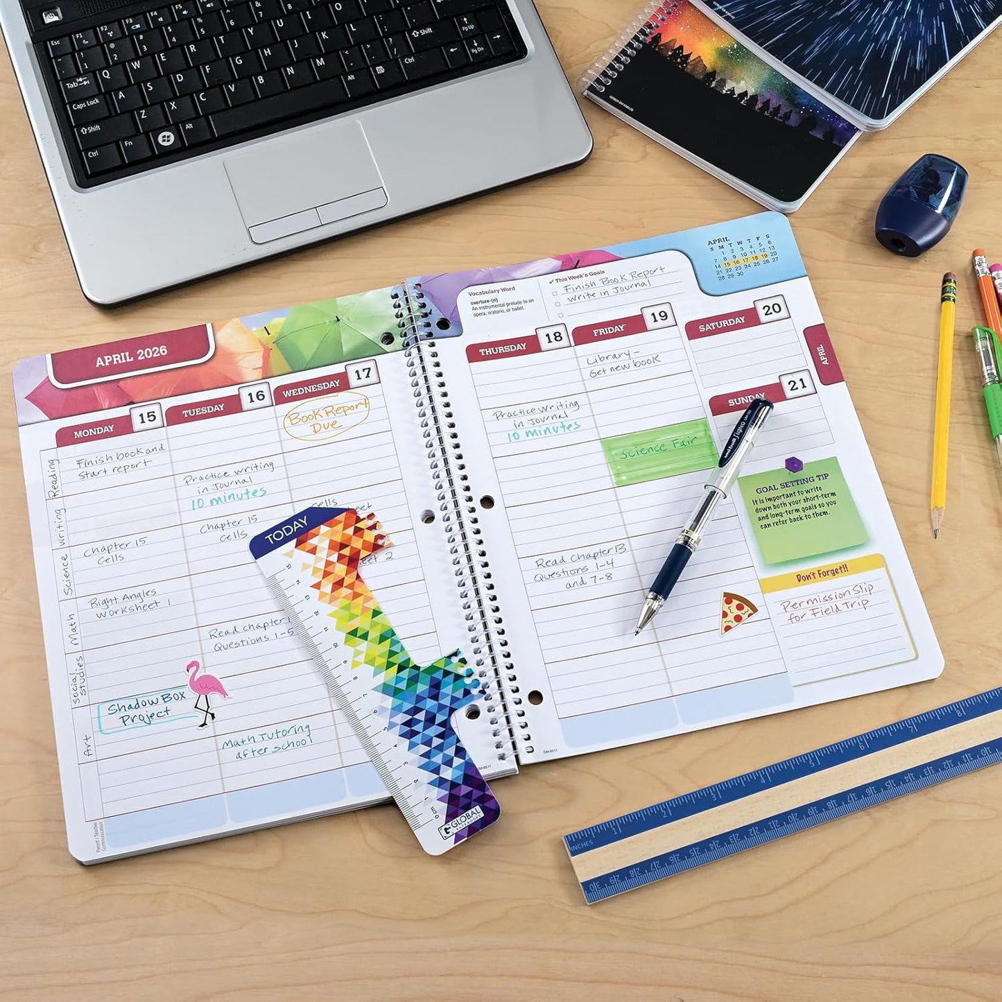 Global Datebooks Dated Middle School or High School Student Planner for Academic Year 2025-2026 Includes Ruler/Bookmark and Planning Stickers (Matrix Style - 8.5"x11" - Halftone Blue)