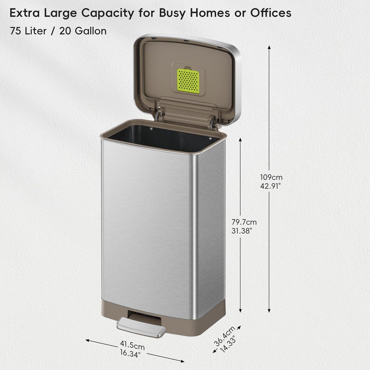 EKO Hudson Matte Stainless 75 Liter/20 Gallon Step Trash Can with Rear Trash Bag Storage Compartment