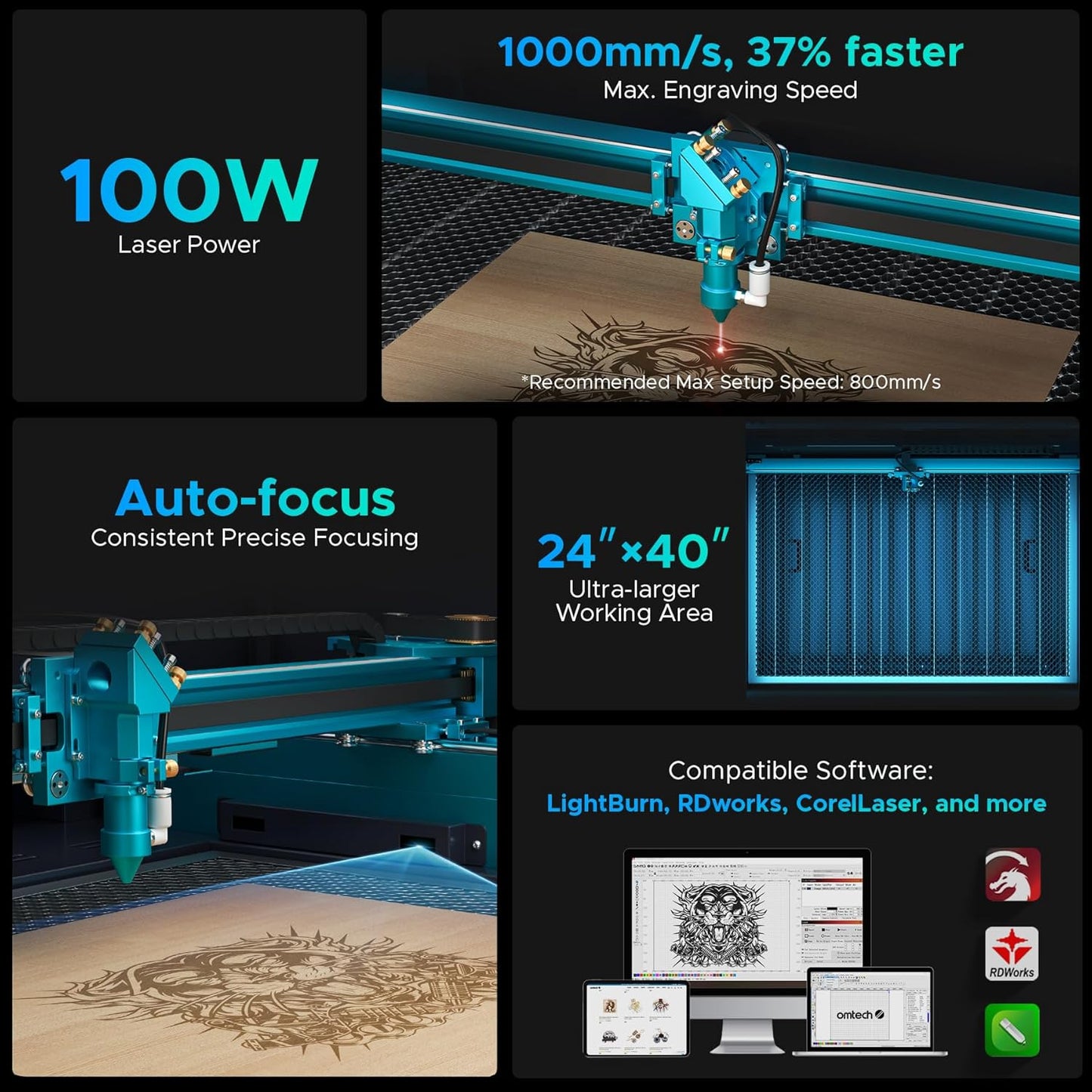 OMTech Pronto 100W CO2 Laser Engraver & Cutter with LightBurn – 40"x24" Workspace, 1,000mm/s Speed, Autofocus, 2-Way Pass, Air Assist, for Wood, Acrylic & More