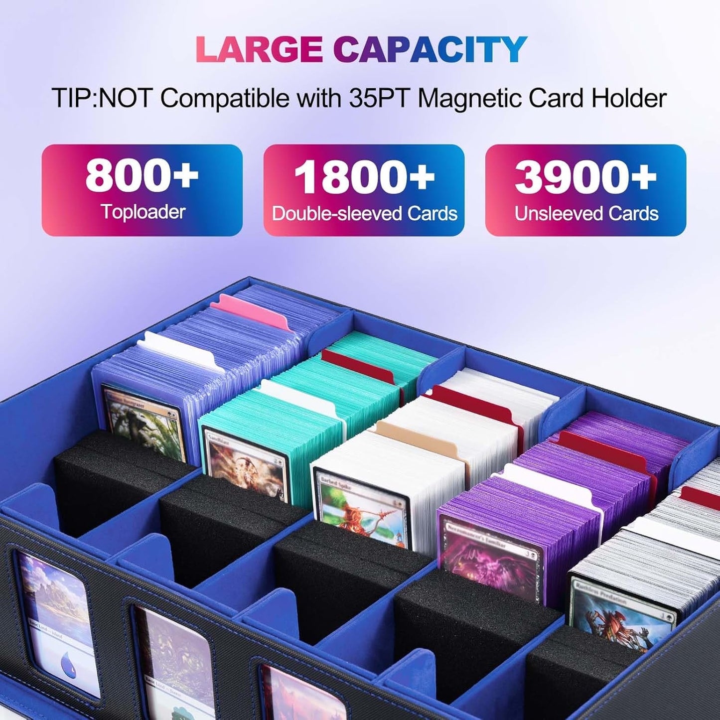 Trading Card Storage Box with Commander Display, 5 Row Magic Card Box with Handle & Aluminum Alloy Locking for 3900+ Unsleeved Cards Suits for MTG PTCG TCG Sports Cards (Black Blue)