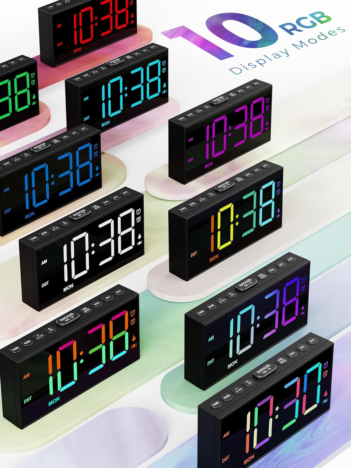 PPLEE RGB Bed Shaker Alarm Clock for Heavy Sleepers, Loud Vibrating Digital Clock with Dual Alarms, 3 Wake Modes, Weekday Display, Bedside USB Charger, Battery Backup, Dimmable for Kids Teens Seniors