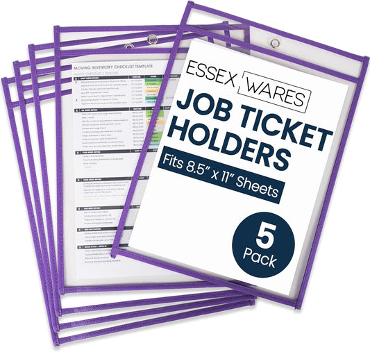 Essex Wares - 5 Pack, Purple, Job Ticket Holders, 10" Wide x 13.5" Tall - Clear Plastic Shop Ticket Holders - Easy to Use, Reusable & Easy Erase Plastic Invoice Holders, Water-Resistant & Durable