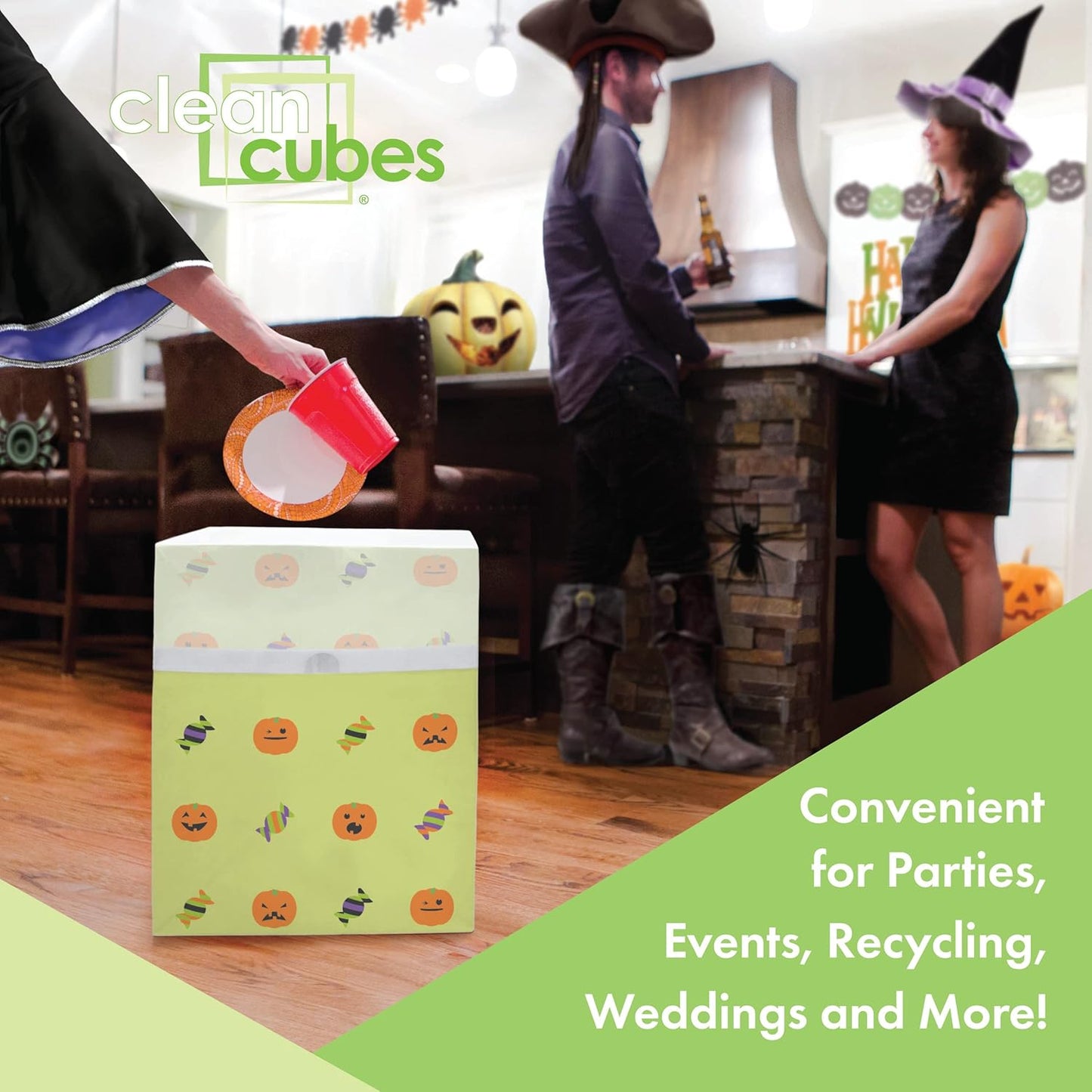 | 13 Gallon Disposable Trash Cans (3-Pack) with Fitted Trash Bags - Reusable Garbage and Recycling Bins for Parties, Events, and More (Halloween - 17" Height x 13.5" Width x 10" Depth)