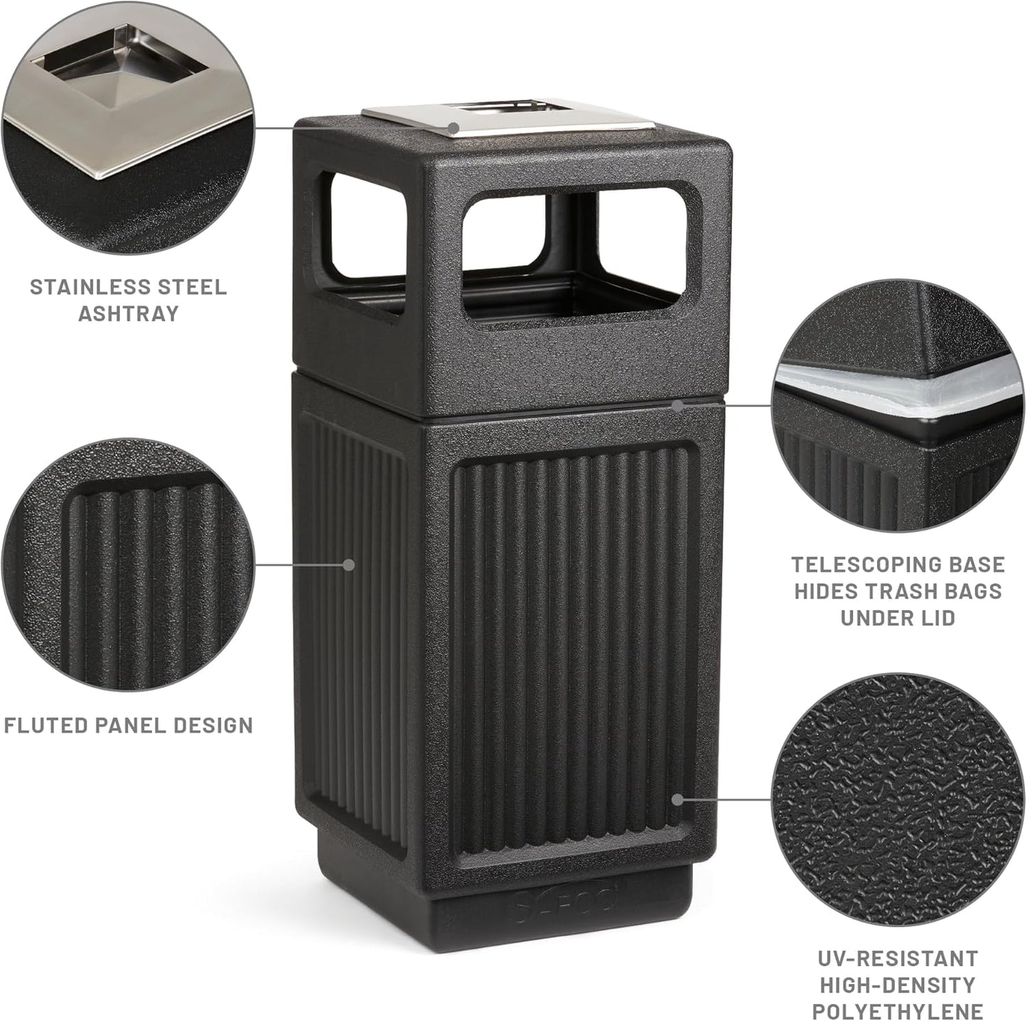 Safco Canmeleon Trash Can, Indoor and Outdoor Use, Durable & Weather-Resistant Commercial Garbage Can with Ashtray, Black
