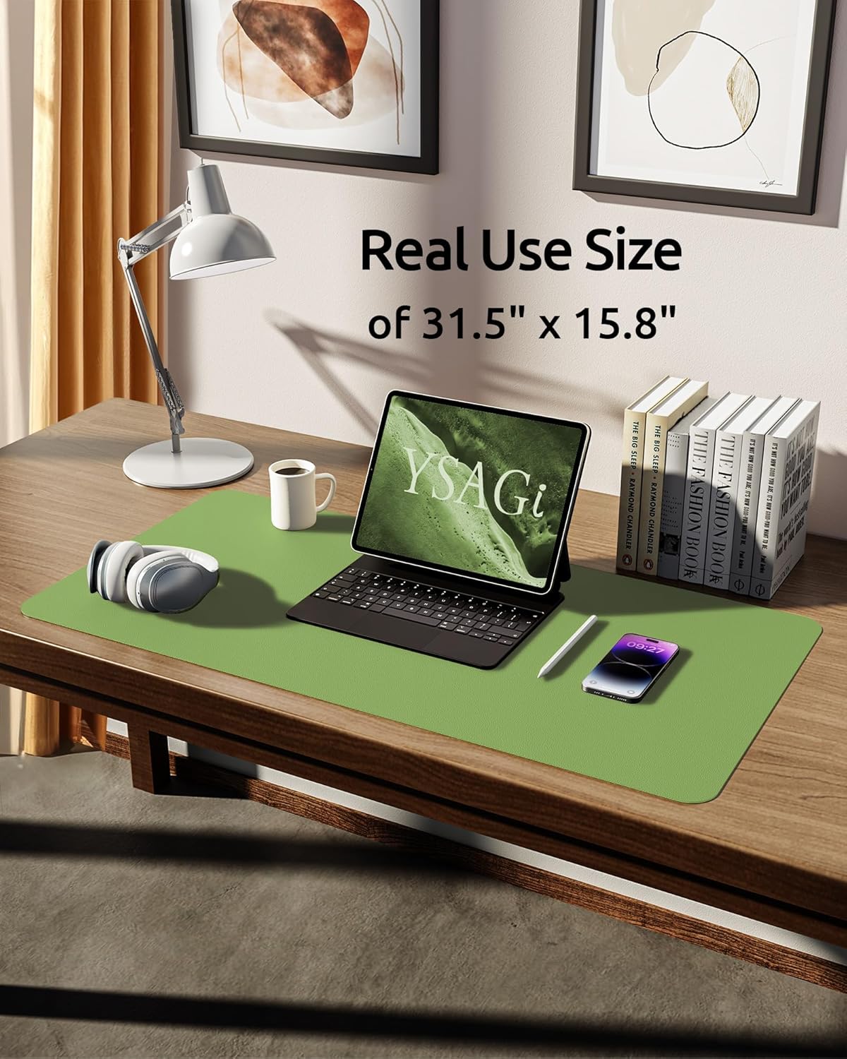 YSAGi Leather Desk Protector, Office Mat, Large Mouse Mat, Non-Slip PU Leather Blotter, Laptop Pad, Waterproof Writing Pad for Office and Home (Leaf Green, 31.5" x 15.8")