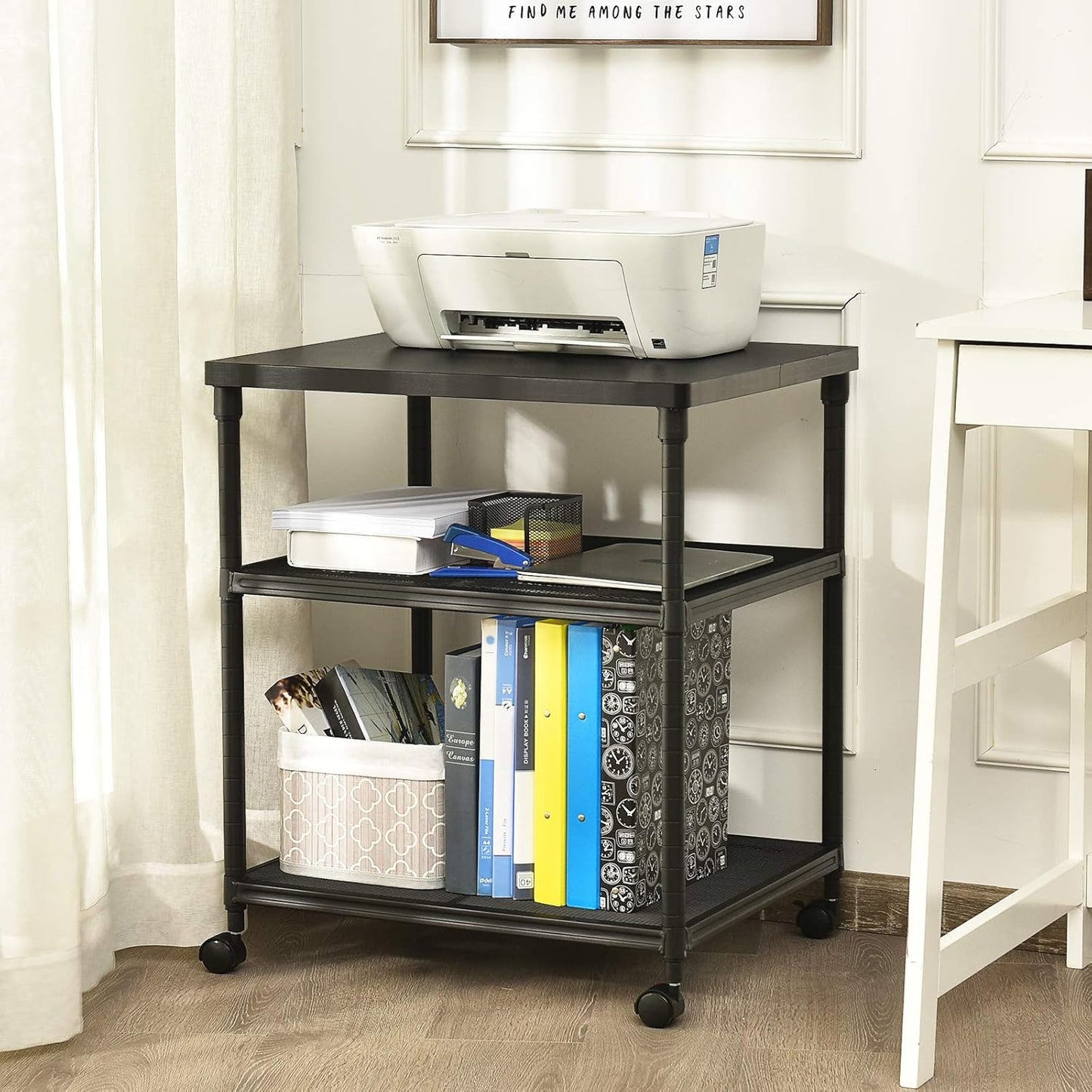 Tangkula 3-Tier Printer Stand Printer Cart, Multifunctional Utility Cart w/Ample Storage Space, 360° Swivel Rolling & Lockable Wheels, Sturdy Iron Frame, Adjustable Heights, Organizer for Office
