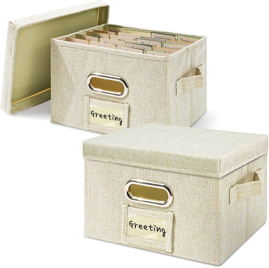 Vienrose Greeting Card Organizer 2 Pack, Storage Box with 20 Adjustable Dividers, Foldable Organizer Box Holds over 150 Cards, Storage Stickers Recipes Photos Envelopes Bills Vinyl Records, Beige