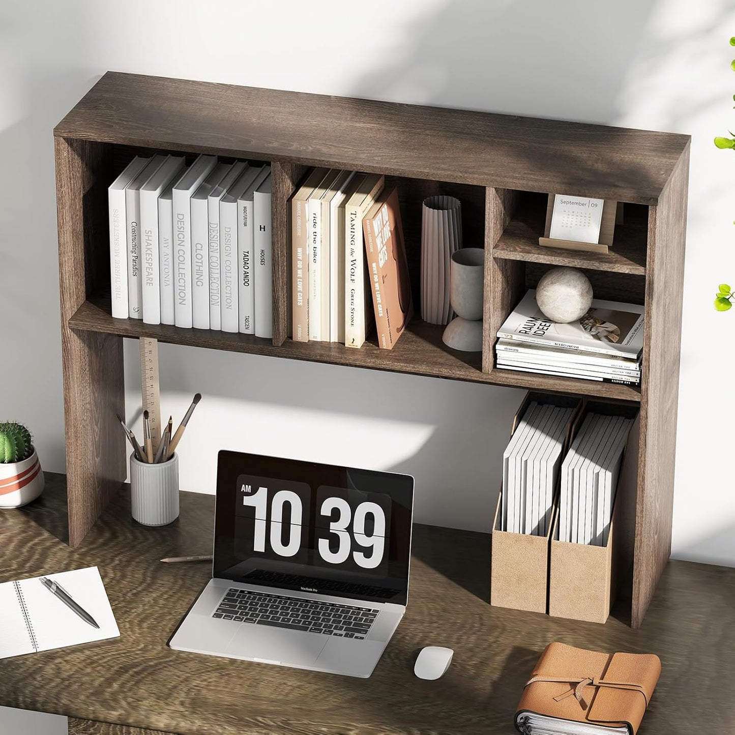 Tangkula Desktop Bookshelf, Countertop Storage Hutch with 4 Shelves for Computer Desk, Desktop 2-Tier Display Rack, Multipurpose Wood Desk Hutch Storage Organizer for Dorm Office Home