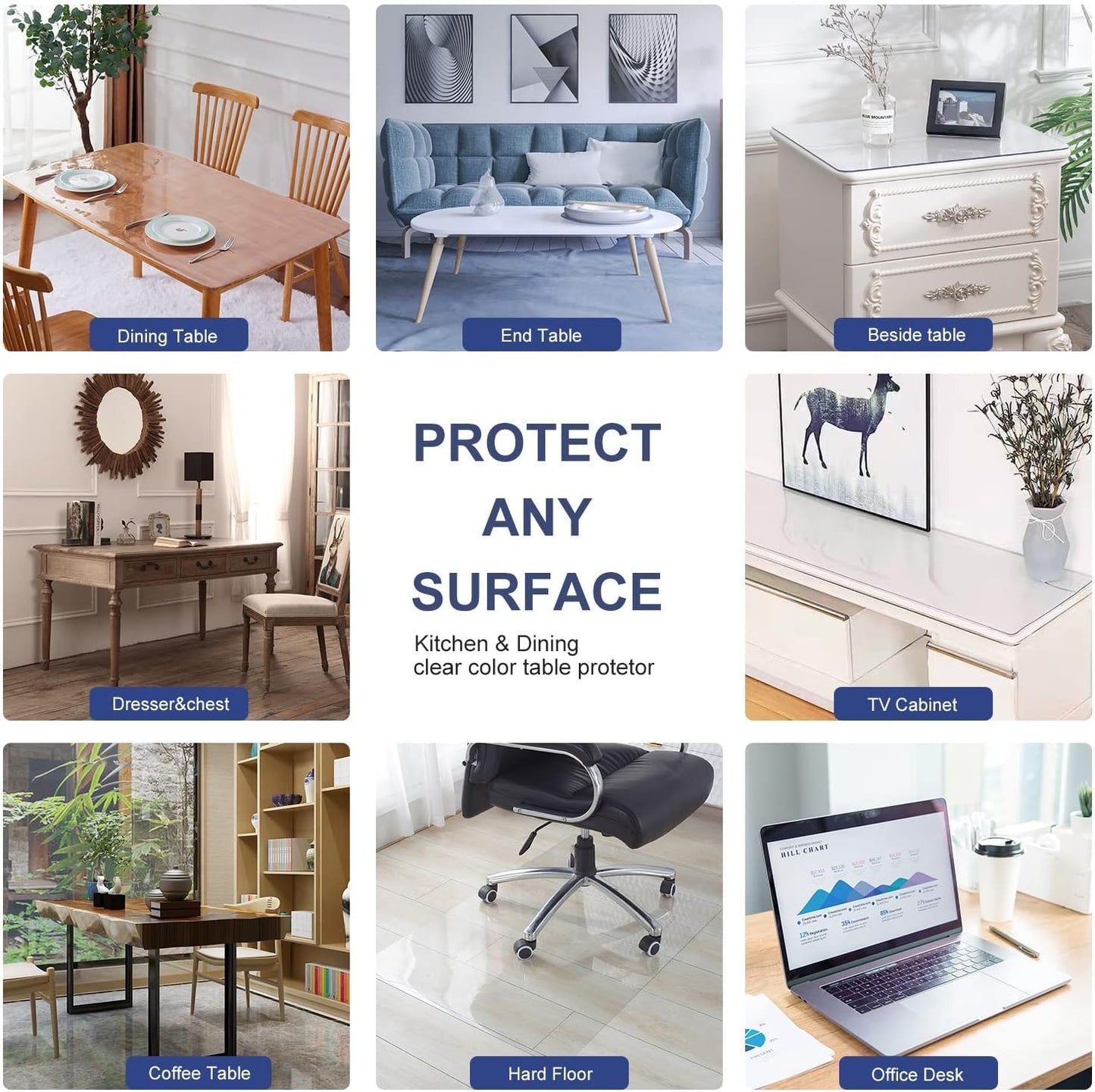 60x108 In Large Clear Plastic Dining Tabletop Protector Desk Pad Mat Wooden Furniture Coffee Glass End Side Bar Dinner Banquet Activity Tablecloth Top Protection Countertop Cover Waterproof PVC Vinyl