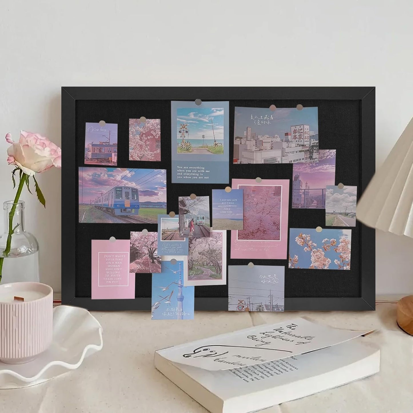 Black Cork Board Bulletin Board 16.7" x 11", Small Linen Corkboards with Frame for Walls, Cute Picture Display Pin Board Vision Board for Room School Office Bedroom 8 Pushpins
