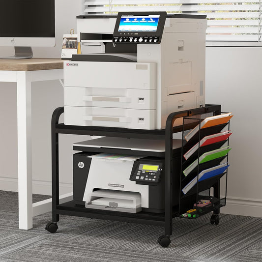 EasyCom 24"x20" Large Printer Stand with Hanging File Holder Organizer, Adjustable Height Shelf with Wheels, Under Desk Table with Storage for Printer Scanner Fax Home Office Use Black