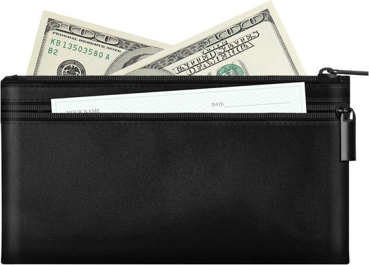 HAUTOCO Money Bag with Zipper 11x6.1 inch Money Pouch with Lined PU Leather Bank Bag Two Pockets Utility Wallet for Cash Check Receipt Coins Cosmetics