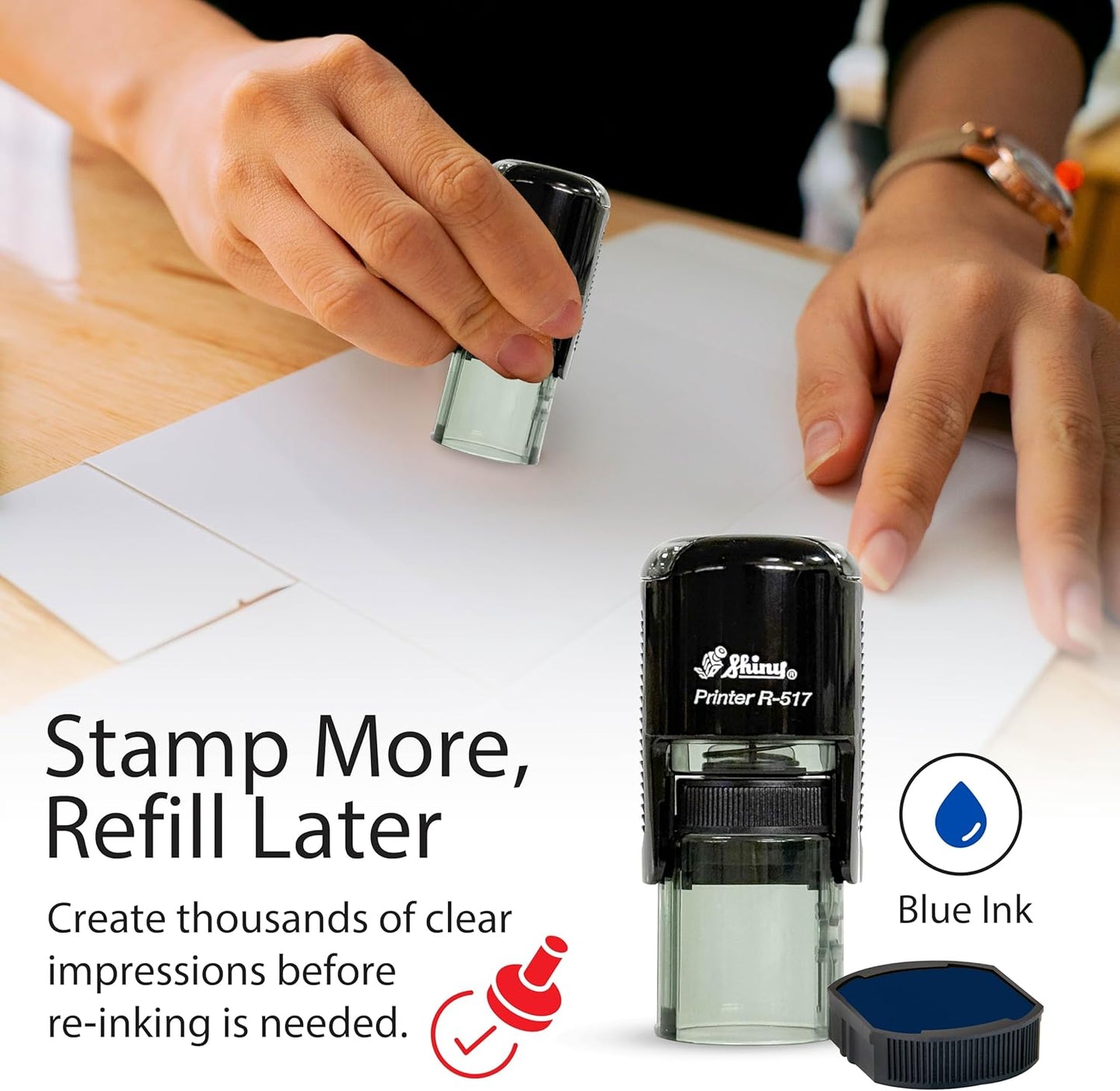 Shiny Ribbon Teacher Stamp, Round Self Inking Stamp for Classroom, Blue Ink