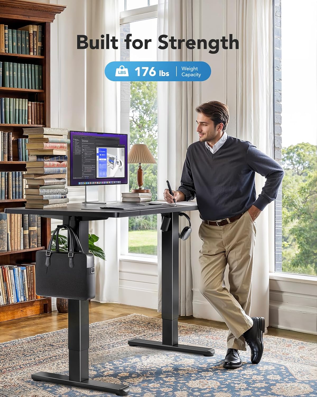 HUANUO 48 x 24 inch Electric Standing Desk, Height Adjustable Table with Headphone Hooks & Cable Manager, Sit to Stand up Desk for Home Office, Black