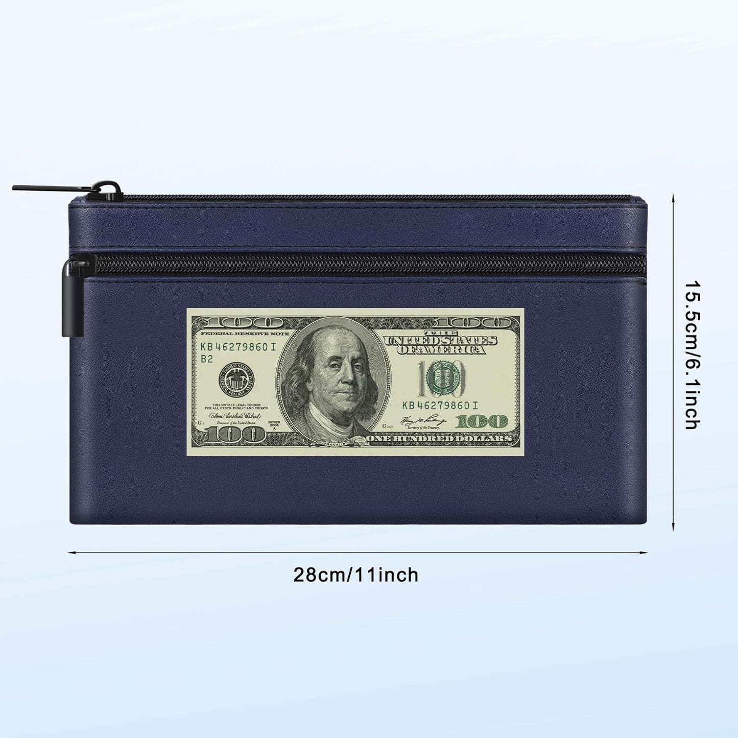 HAUTOCO 2 Pack Money Bag with Zipper 11x6.1 inch Money Pouch with Lined PU Leather Bank Bag Two Pockets Utility Wallet for Cash Check Receipt Coins Cosmetics, Dark Blue