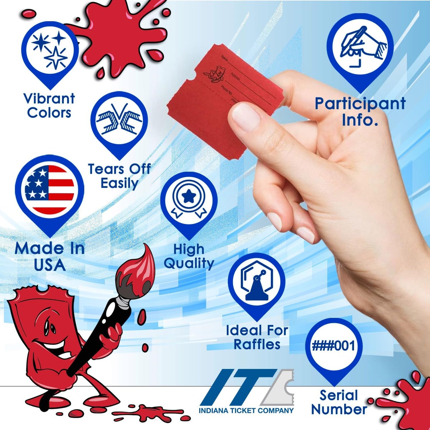 INDIANA TICKET CO. 10,000 Red CONSECUTIVELY Numbered Raffle Ticket Roll. 5 Rolls of 2,000, for Classroom Rewards, Events, Fundraisers, Door Entry, Raffles, Prizes, Drink/Food Tickets, & More