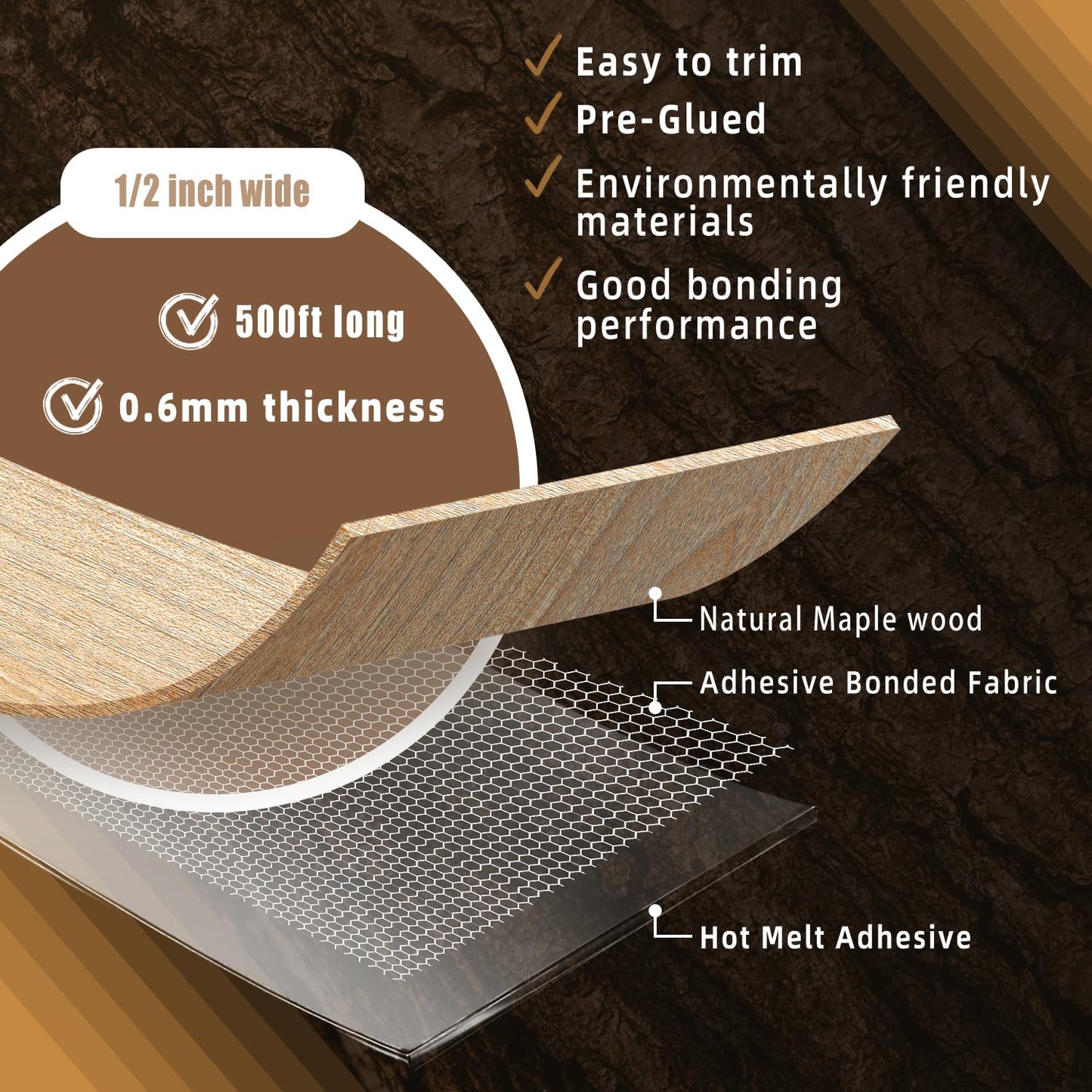 GSCIT Club Maple Edge Banding, 1/2 inch x 500ft roll of Veneer Edge Banding Preglued Flexible, Wood Tape Banding for Cabinet Repair Furniture