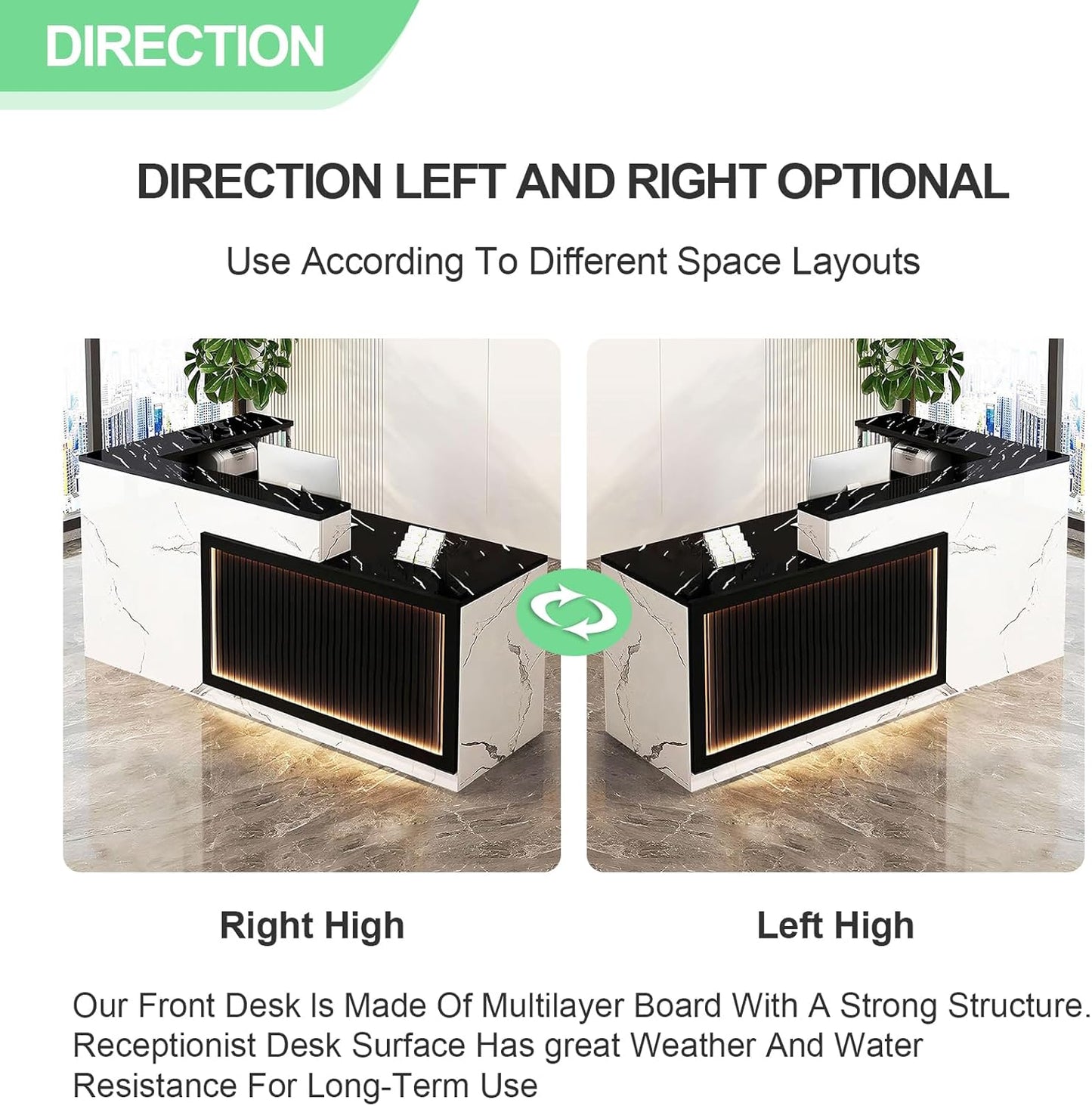 Modern Reception Desk with Counter and Drawer Office Front Desk with Cabinet Wooden Commercial Reception Table Checkout Counter for Retail Salon Lobby White and Black Right 63inch/160cm