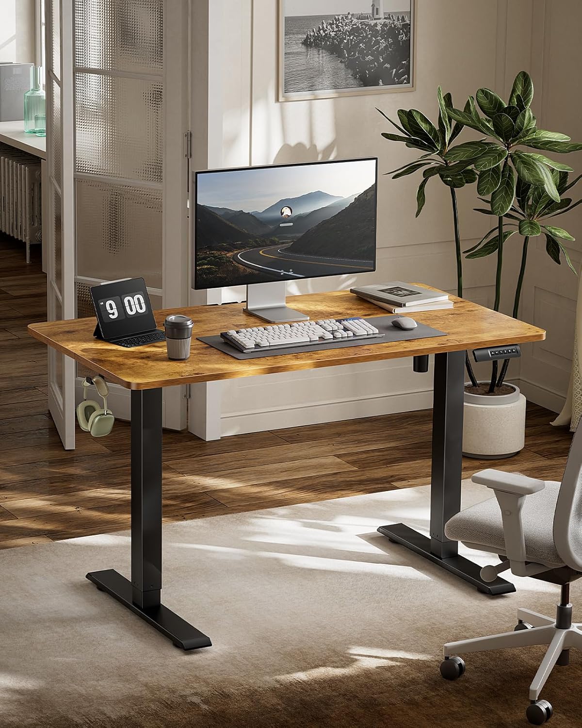 Marsail Electric Standing Desk, Adjustable Height Stand up Home Office Desk Large 55x24 Inch Sit Stand Computer Desk, with 4 Memory Presets, Headphone Hook,Cable Organizer, Rustic Brown