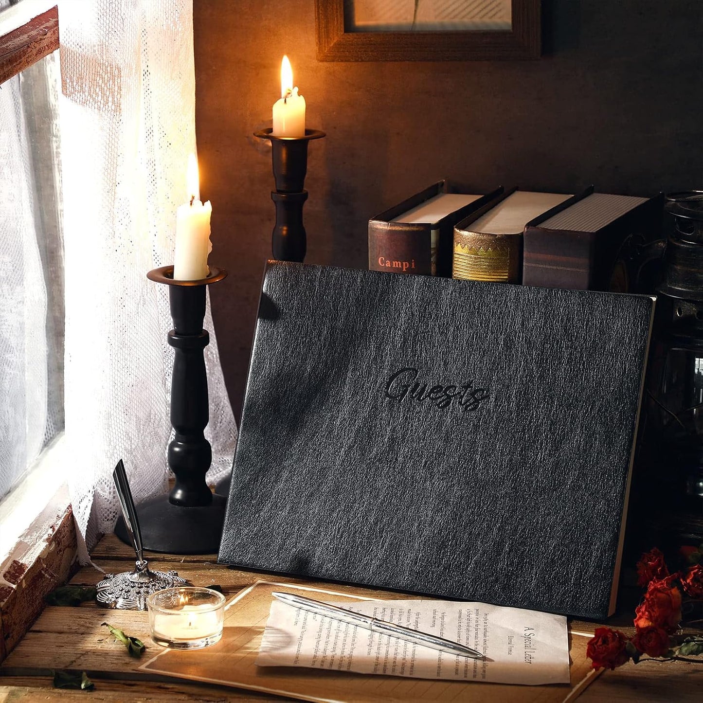 Leather Guest Book and Pen Stand Set, 10.5" x 8" Embossed Guests Sign in Book Registry Book for Funeral, Wedding Reception, Vacation Homes and Events, 80 Sheets (Black)