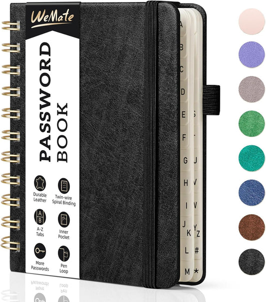 WEMATE Password Book with Alphabetical Tabs, Spiral Password Keeper Book for Seniors, Internet Password Notebook Password Journal Logbook Log in Detail, Small – 4.7''x 6'' (Black)