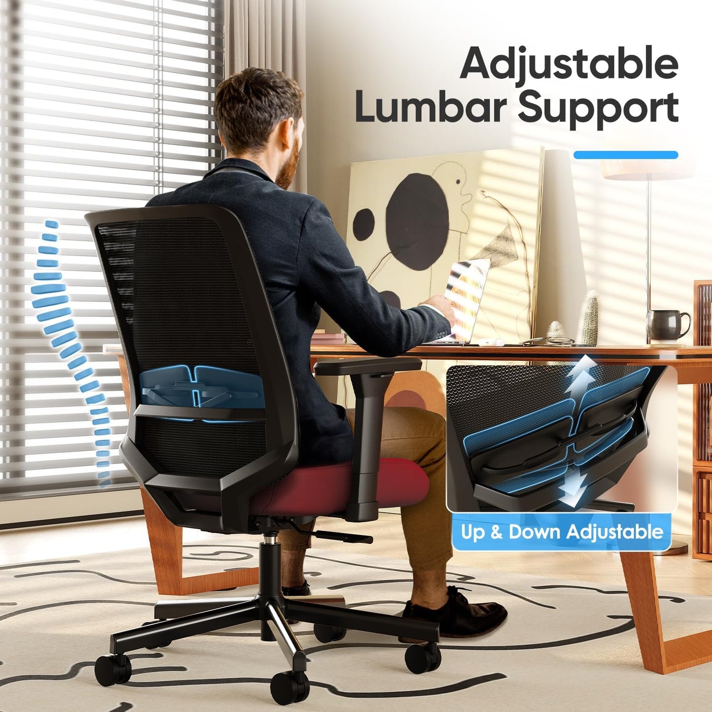 Ergonomic Office Chair, Mesh Computer Desk Chairs with Adjustable Lumbar Support, 3D Armrests, Tilt Function, Comfy Wide Seat, Swivel Executive Work Task Chair for Company and Home