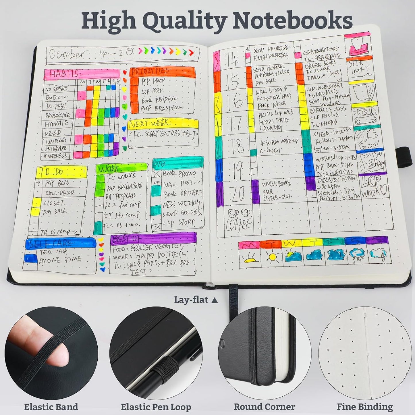2Pack Bullet Dotted Hardcover Journal Notebook, A5 140 Pages 120Gsm Thick Paper for School,Note Taking,Work,Diary，5.7"*8.3",Black