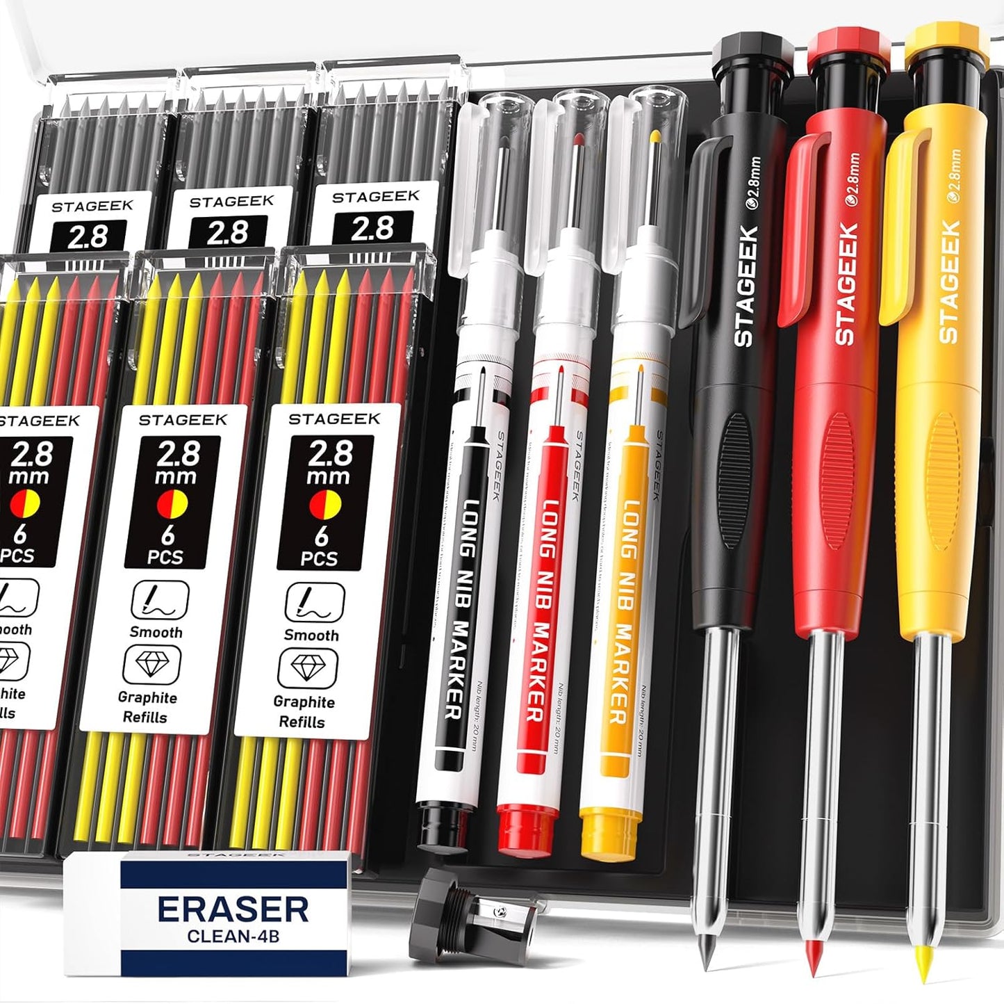 3PCS Carpenter Pencils with Sharpener, Heavy Duty Woodworking Tools, Mechanical Pencil Set with 39 Refills, Deep Hole Long Nib Marker Pens for Architect Marking with Case (Red, Black, Yellow)