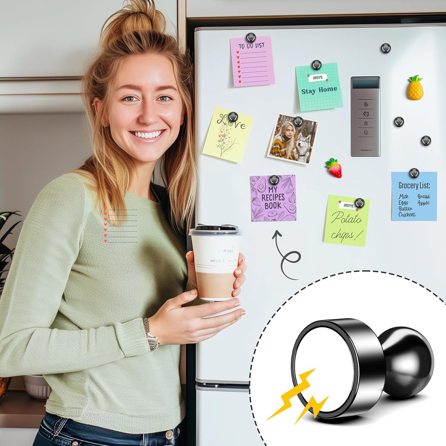 FINDMAG Strong Fridge Magnets, Small Meal Magnets for Whiteboard, Black Push Pins for Refrigerator, Home, Classroom, Bulletin Board, Pack of 42