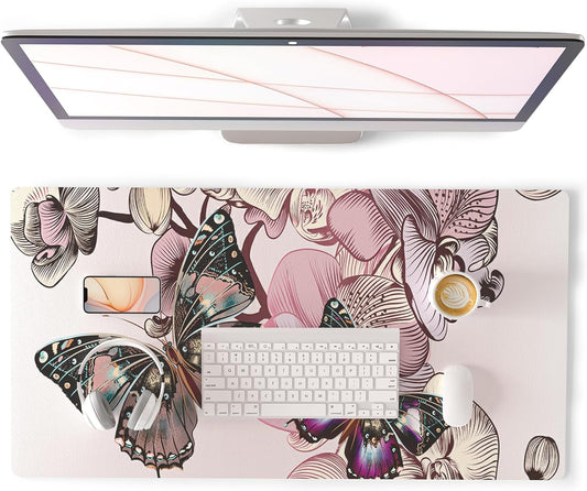 QIYI Large Mouse Pad, PU Leather Desk Blotter Protector, Waterproof Computer Desk Mat, Butterflies Keyboard Mouse Pads, Non Slip Base Home & Office Accessories, Extended Large Size 31.5" x 15.7"