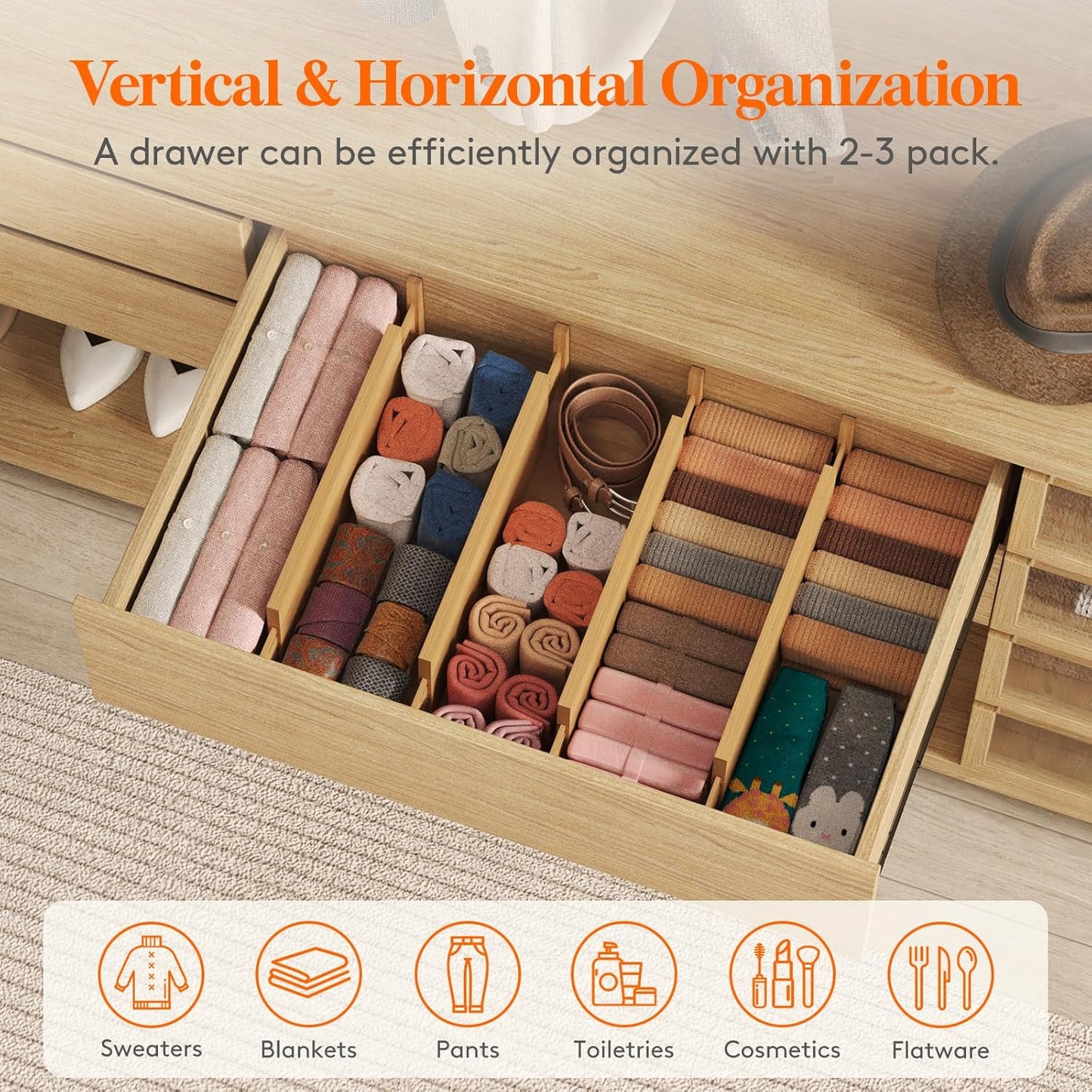 Lifewit 4 Pack Drawer Dividers Bamboo 6" High, 16-22" Adjustable Clothes Drawer Organizers, Expandable Dresser Separators in Bedroom/Bathroom/Kitchen/Office Organization and Storage