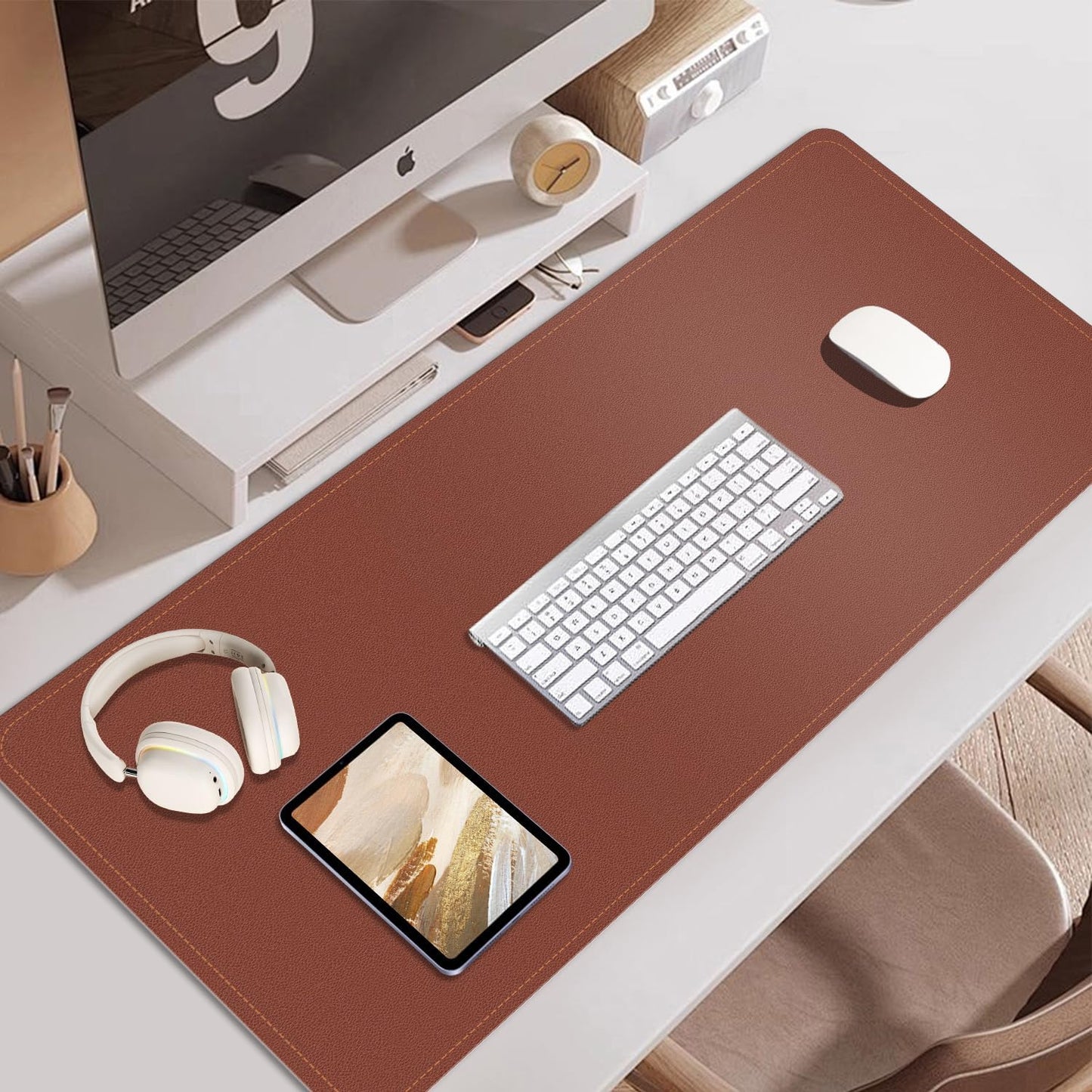 Large Desk Pad, 47.2'' x 23.6'', Office Desk Mat, Computer Mat for Desk, Leather Desk Pad Protector, Sewing Desk Blotter, Desktop Writing Pad for Office/Home/Decor Brown