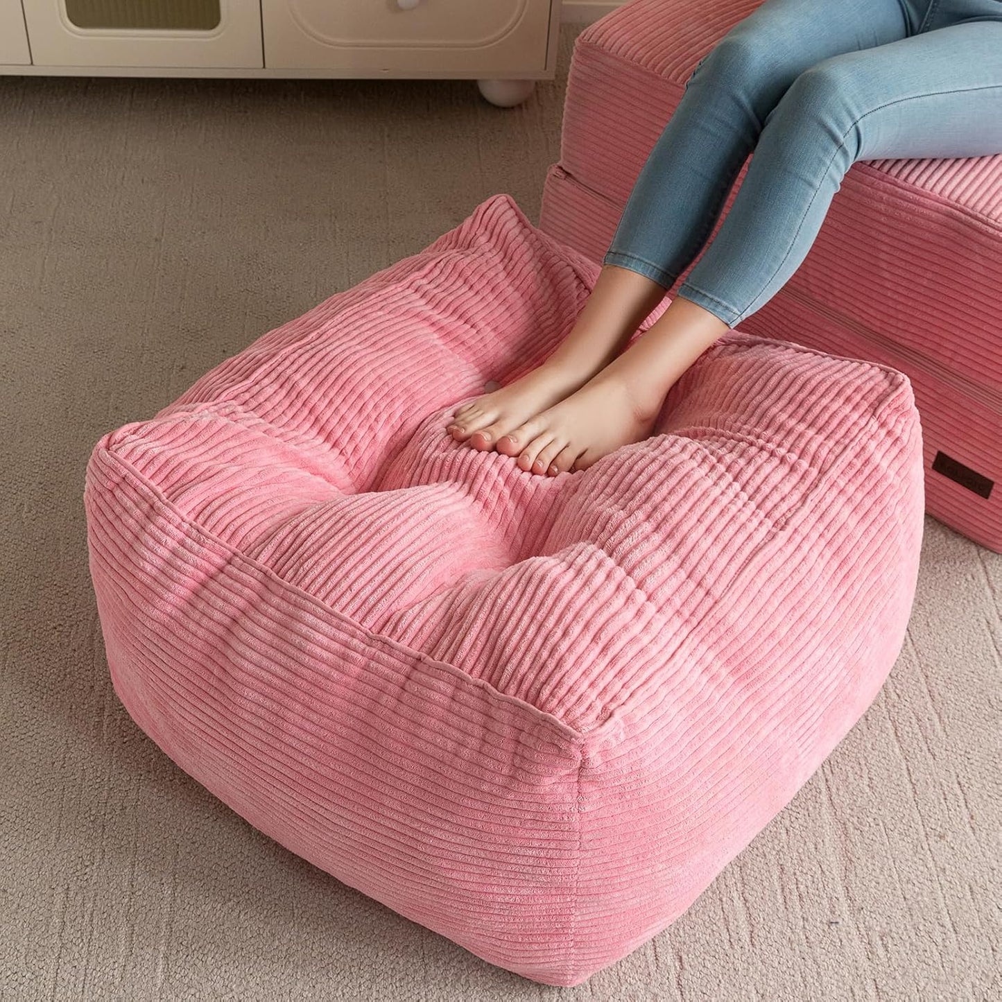 HIGOGOGO Square Stuffed Pouf Ottoman, Corduroy Poufs with Foam Chunk Filling, Furry and Fluffy Pouf Foot Stool Storage Ottoman, 25.6 X 25.6 Floor Poufs Foot Rest for Living Room, Pink